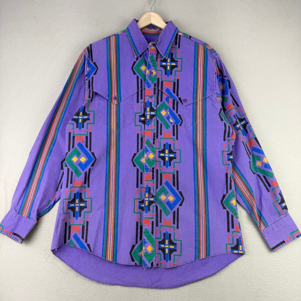 Vintage Wrangler Brushpopper Shirt Mens 16.5-35 (XL)‎ Purple Aztec Striped Rodeo